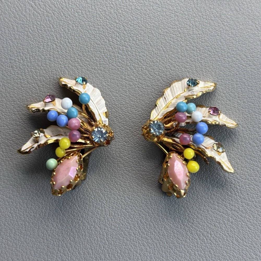 Vintage Austrian Enamel Rhinestone Floral Leaf Clip On Earrings Gold Tone